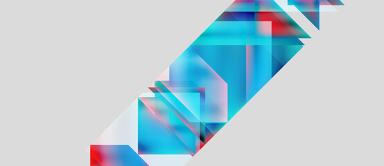 Abstract geometric composition. Blue, red hues blend, creating dynamic diagonal shape against light gray background. Modern design elements present.