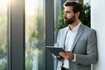 Businessman thoughtfully looking out office window holding tablet device