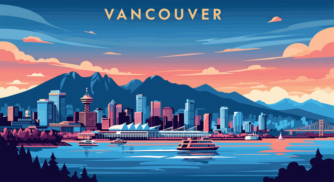 Vancouver Vector Travel Poster, Cinematic Minimal Landscape Art