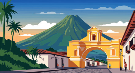 Antigua Guatemala Vector Travel Poster, Cinematic Minimal Landscape Art