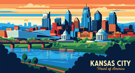 Kansas City Vector Travel Poster, Cinematic Minimal Landscape Art