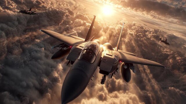 Fighter Jet Flies Through Dramatic Clouds with Stunning Sunrise Backdrop in Action Packed Scene