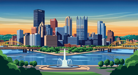 Pittsburgh Vector Travel Poster, Cinematic Minimal Landscape Art