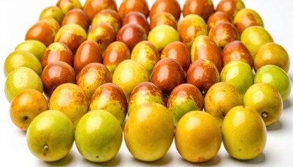 Jujube ripening stages aligned from olive to cinnamon calm studio grade on bone white refined botanical food study for editorial and clean layouts