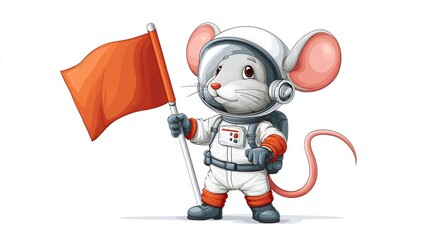 A cartoon astronaut mouse in a spacesuit holds a red flag, smiling, with a white background