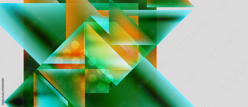 Poster abstract geometric composition. overlapping triangles, squares create dynamic visual effect. green, 