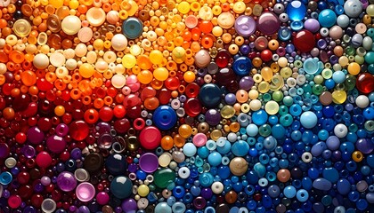 Abstract composition of vibrant, multi-colored circular shapes, densely packed, forming a complex pattern resembling a mosaic