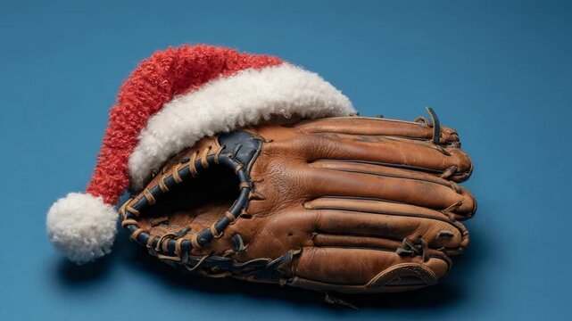 Brown leather baseball glove wearing a Santa hat on a blue background.