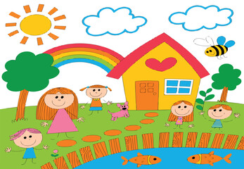 Fototapeta premium Cartoon vector illustration of happy kids playing in a summer nature landscape with flowers, a tree, and a rainbow in the sky