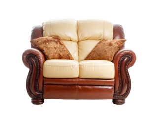Elegant two seater leather sofa cream brown wood accents, Isolated On White Background, Png Transparent