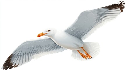 A detailed illustration of a seagull in flight against a plain white background.  The bird is depicted in a dynamic pose with outstretched wings, showcasing its 