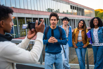 University students recording an interview on campus