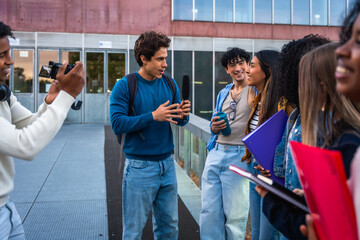 University students recording an interview on campus for social media