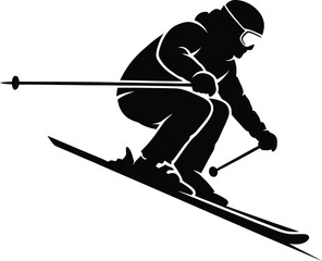 Alpine Skiing Black Silhouette: Dynamic Skier Icon on White Background, Winter Sport Vector Graphic.