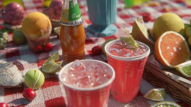 Two red drinks with crushed ice in clear cups on a checkered picnic blanket, surrounded by citrus halves, cherries and grapes.