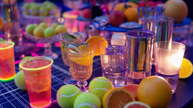 Colorful neon-lit party table with bright drinks in plastic cups, tennis balls, and sliced citrus fruits.