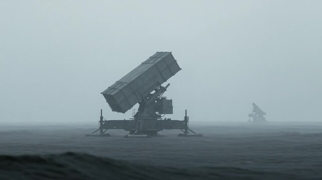 Military missile launchers positioned in foggy landscape