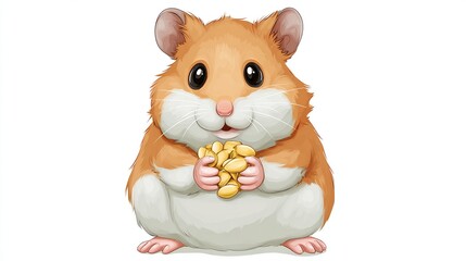 A chubby, cartoonish golden hamster sits holding a pile of light-yellow seeds in its paws, smiling cheerfully against a stark white background. Its fur is a