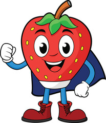 A cartoon anthropomorphic strawberry character wearing a cape and boots fruit vector illustration EPS file download.