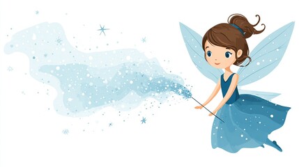 A charming fairy with brown hair in a blue dress, uses a wand to create a sparkling, light-blue magical trail, against a white background