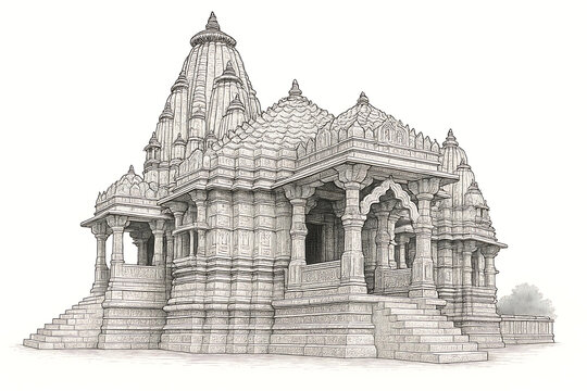  illustration  of Dilwara Jain Temples in Mount Abu, white marble carvings
