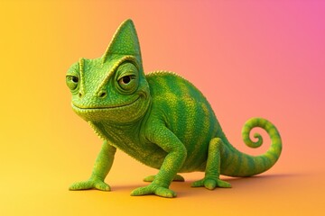 Playful green chameleon with vivid texture on a colorful gradient background perfect for nature-themed education and kids content