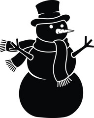 Christmas snowman with top hat and scarf silhouette: festive winter character vector graphic for holiday greeting cards, seasonal decor, and celebration.
