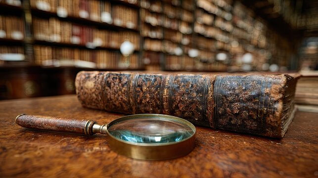 An antique book lies on a wooden table beside a magnifying glass, set against a blurred background of shelves filled with numerous old books. - Powered by Adobe