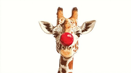 A whimsical portrait of a giraffe with a bright red clown nose against a clean white backdrop
