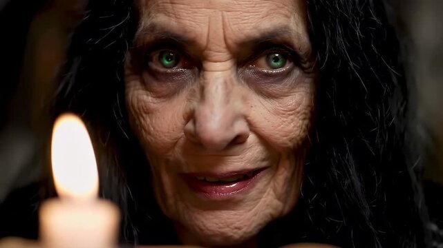 Old Witch with Green Eyes Revealing Ancient Runes by Candlelight