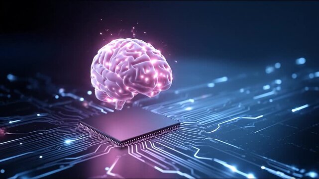Glowing brain hovers above a square chip surrounded by neon blue circuit lines