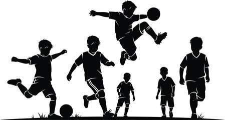 Children playing football soccer silhouette set: group of kids running, kicking, and juggling a ball, black vector graphic for sport, childhood, and activity. © Munna_SH