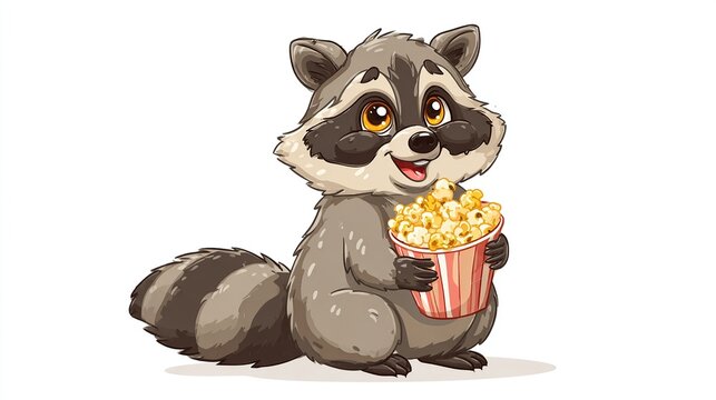 Cartoon raccoon holding a bucket of popcorn