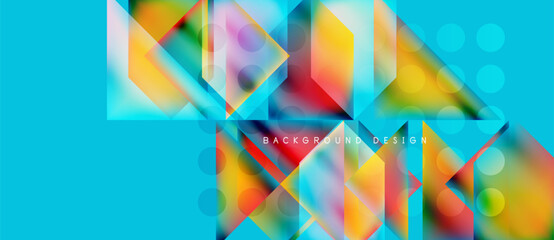 Abstract vibrant design. Geometric shapes overlap, creating colorful layers. Turquoise background complements bright hues. Modern aesthetic.