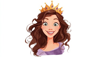 Smiling girl in a golden crown, lively expression, and curly brown hair