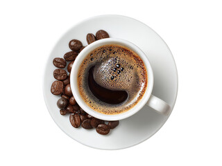 Aromatic coffee cup surrounded by roasted beans, Isolated On White Background, Png Transparent