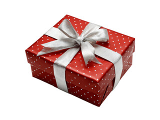 Red gift box with silver ribbon and white polka dots, Isolated On White Background, Png Transparent