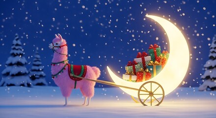 Pink Llama Carries Gifts on Crescent Moon Sleigh.