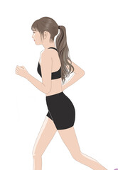 ロングウエーブヘアーで走る若い女性イラスト