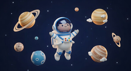 Naklejka premium cute astronaut floating among planets in space