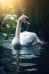 Fototapeta premium Cute swan swims in the pond