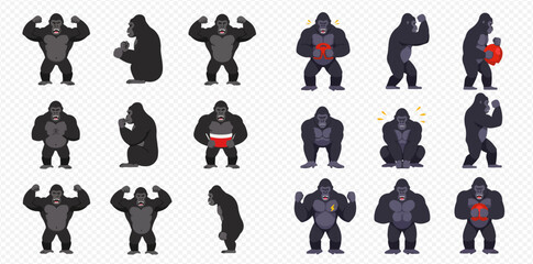 A collection of cartoon gorillas depicted in various poses and expressions, showcasing strength, anger, and other emotions. © ArtLuna Studio