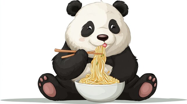 A cheerful cartoon panda sits on a white background, happily consuming noodles with chopsticks from a white bowl. Its expression is content and playful