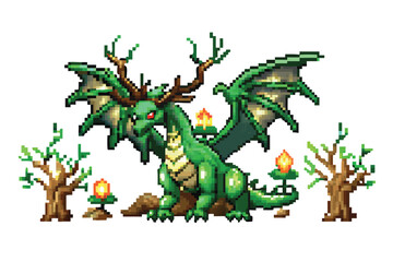 Obraz premium Forest Dragon Pixel Art Guardian Sprite. Nature Elemental for Fantasy RPGs