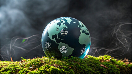 "Glowing earth globe with science and technology icons on moss symbolizing innovation and sustainability"