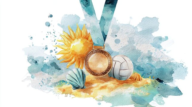 A vibrant watercolor illustration featuring a sun, a gold medal, and sports balls, symbolizing achievement and leisure activities.