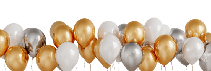 A horizontal arrangement of metallic gold, silver, and white balloons against a transparent background