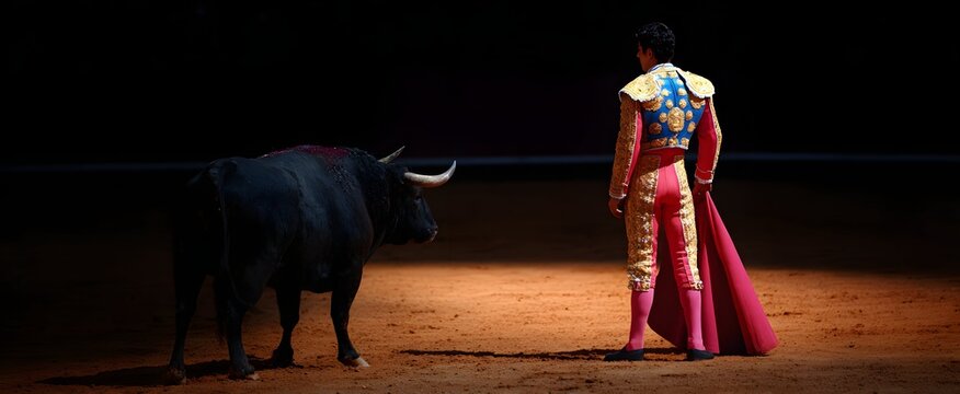 The bullfighter stands tense ready to face the charging bull in the arena