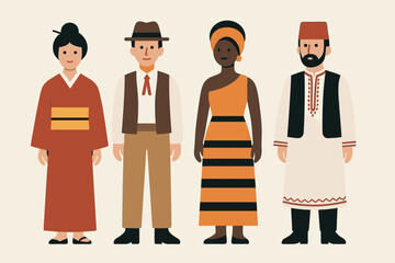 Illustration of culturally diverse characters in traditional clothing