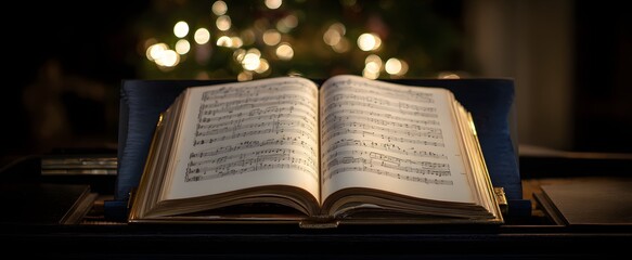 The beautifully lit sheet music book lying on a piano keyboard